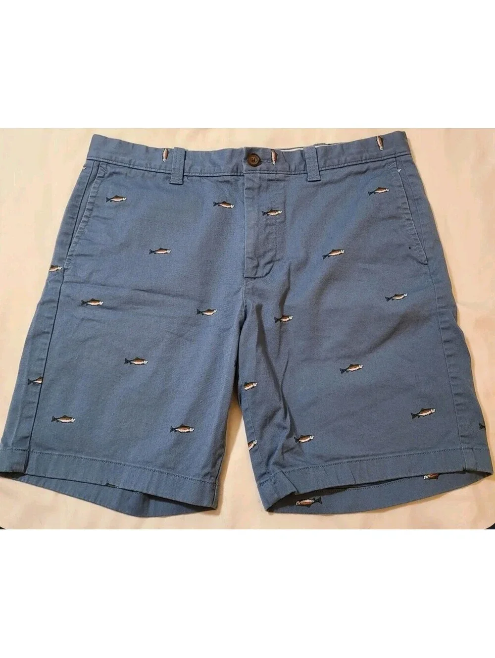 J Crew Chino Shorts Mens Sz 34x9 Blue Troit Fish Embroidered Golf Summer Coastal